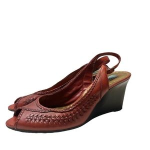 Arnold Churgin Peep Toe Spice Leather Wedge Heel Sandals, size 9.5